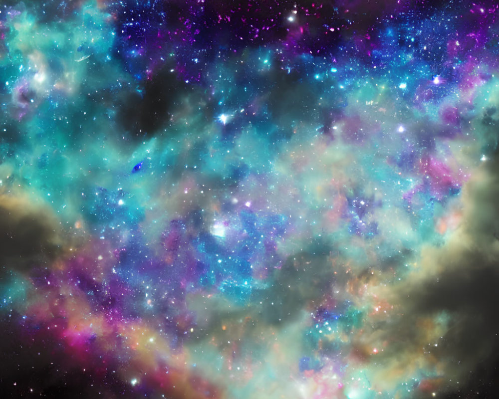 Colorful Cosmic Scene with Stars, Dust, and Gas in Blue, Purple, and Pink