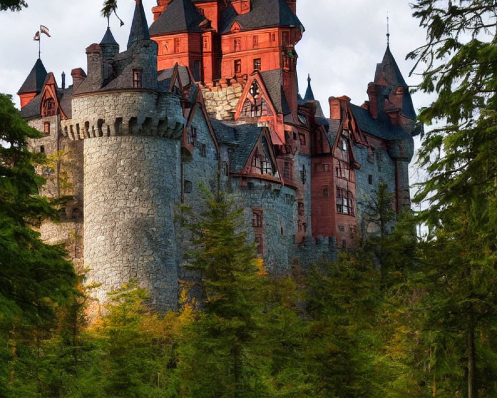 Castle with turreted towers and red roofs in lush forest landscape