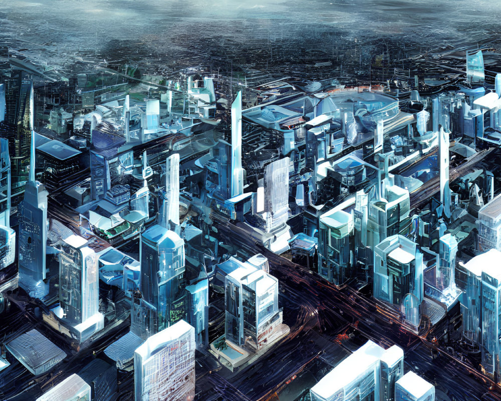 Dense illuminated high-rise buildings in futuristic cityscape