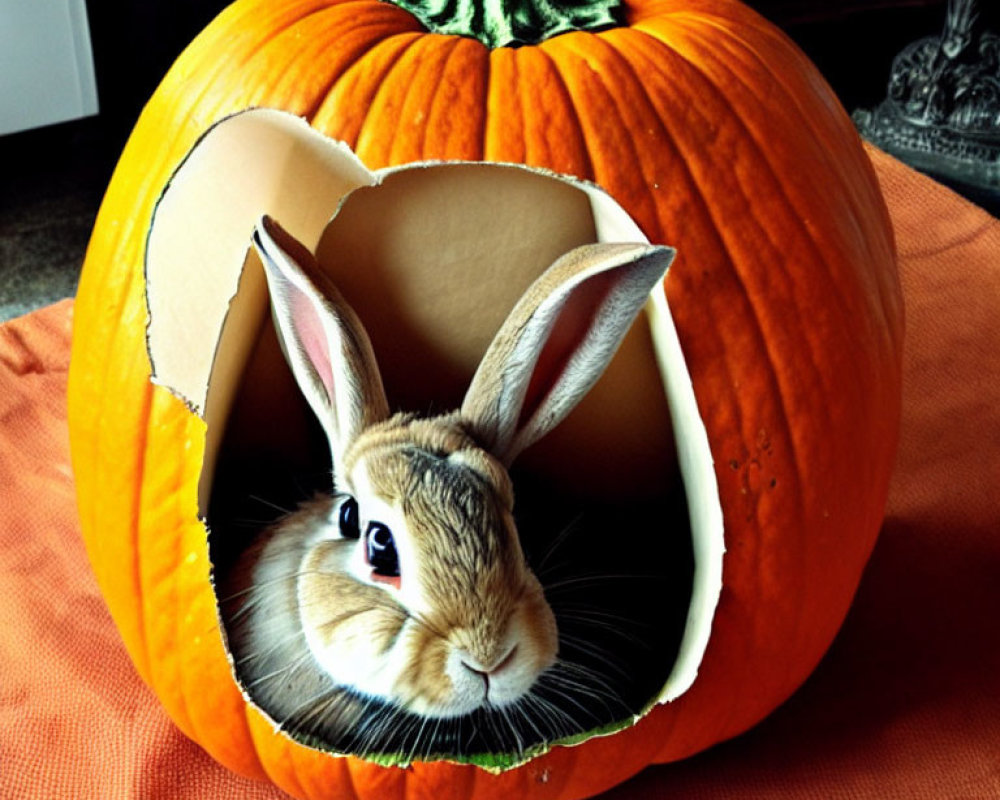 Rabbit peeking from carved pumpkin with missing piece