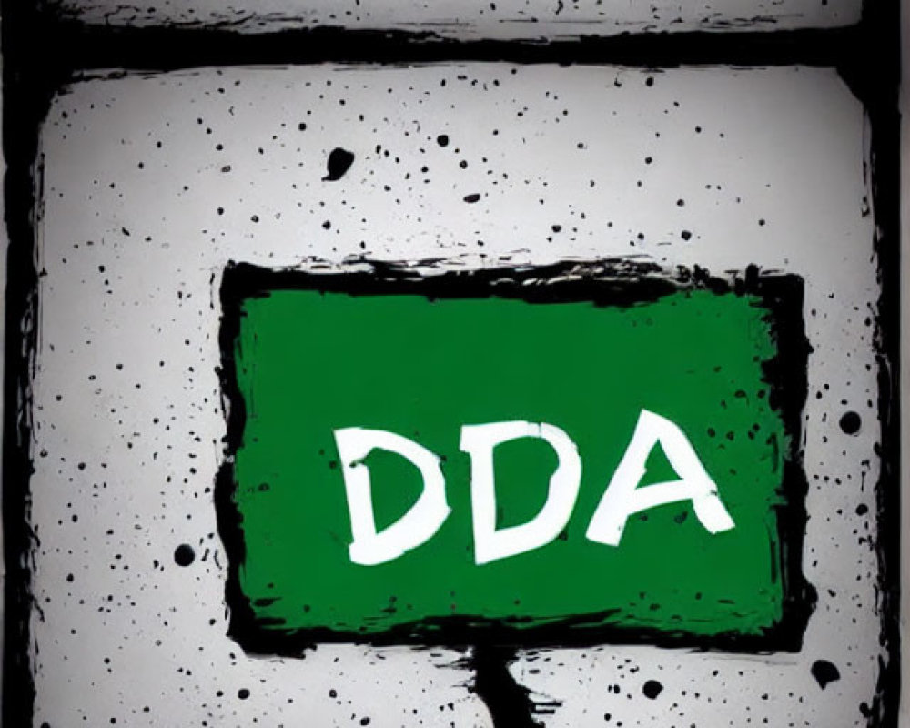 Green DDA sign in white letters framed by raindrop-covered windowpane