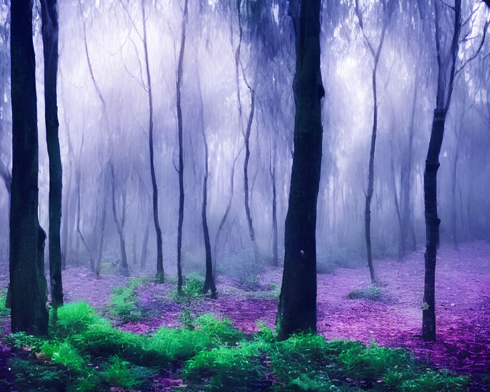 Purple-Hued Forest with Fog, Green Undergrowth, and Silhouetted Trees