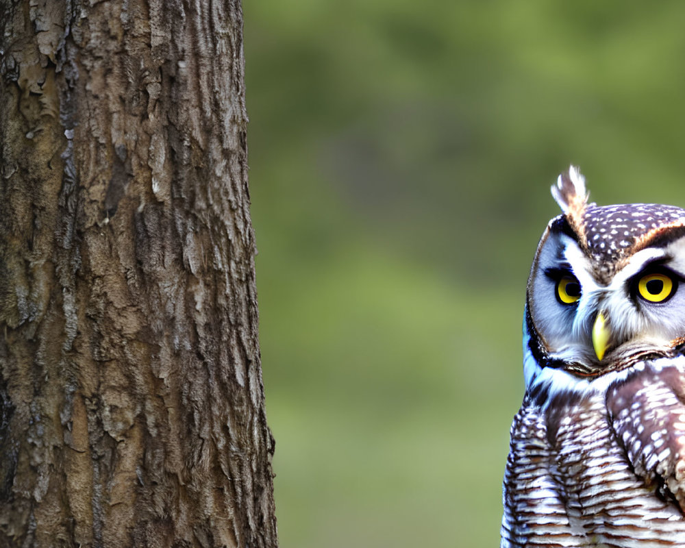 Alerted owl with vivid yellow eyes behind a tree trunk