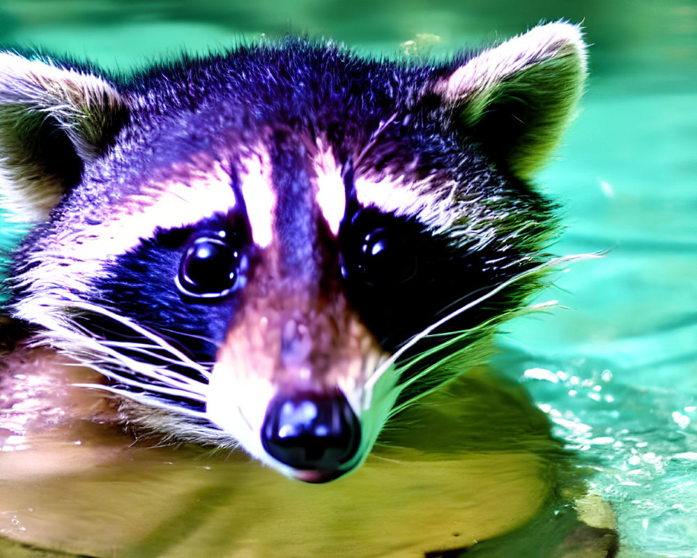 Close-up of raccoon's face in water with vibrant reflections and dark eyes