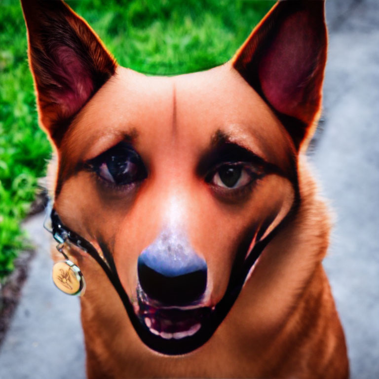 German Shepherd Dog with Pointed Ears and Shiny Collar Tag on Green Background