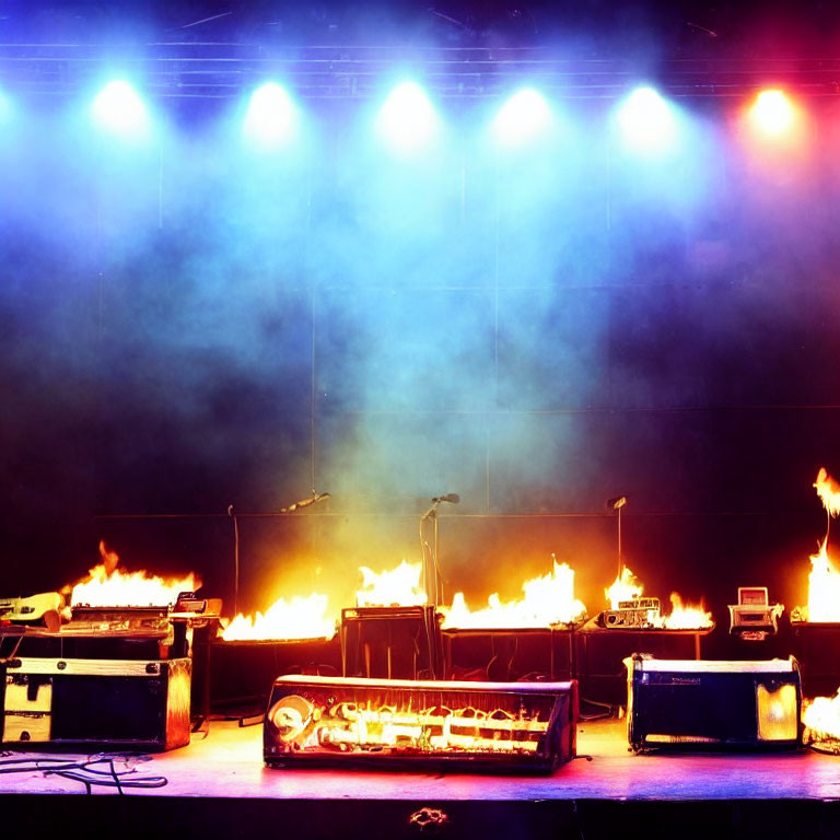 Stage with Musical Equipment on Fire, Colored Lights, and Thick Smoke