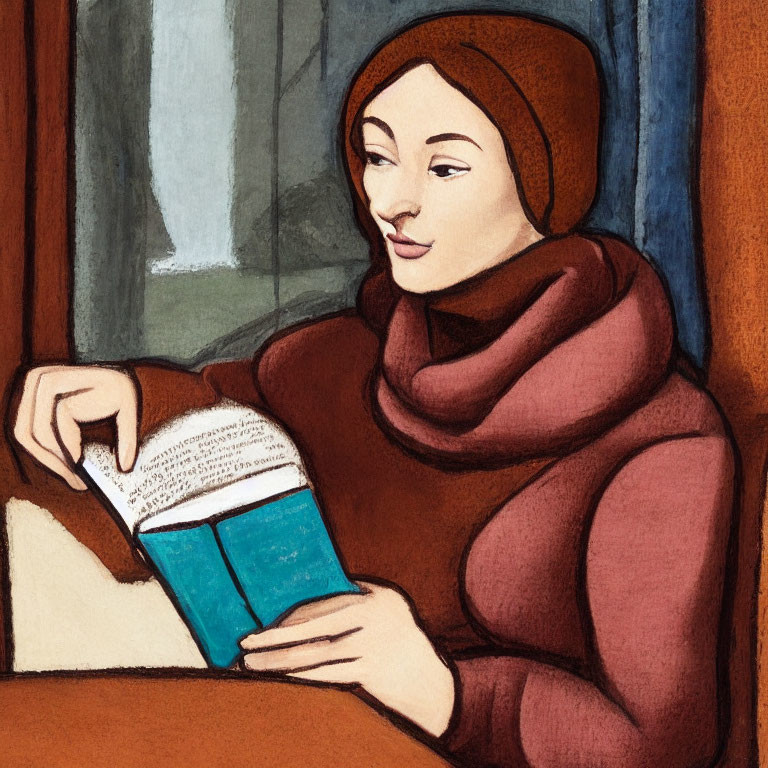 Person in Brown Headscarf Reading Book at Table with Window