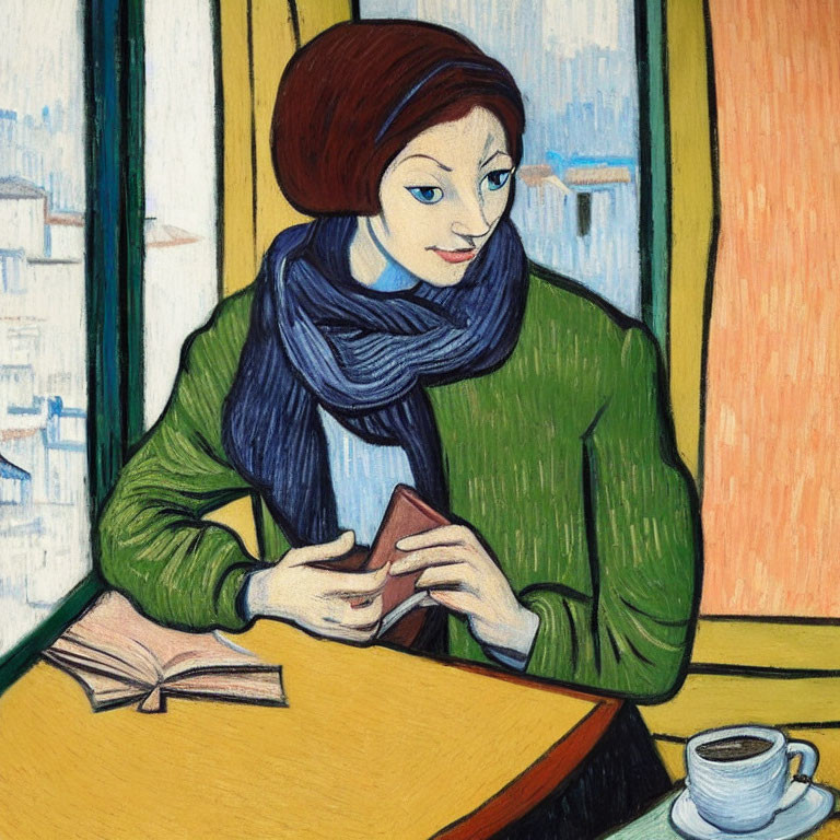 Stylized illustration: Woman with bob haircut, green jacket, blue scarf, at table with book