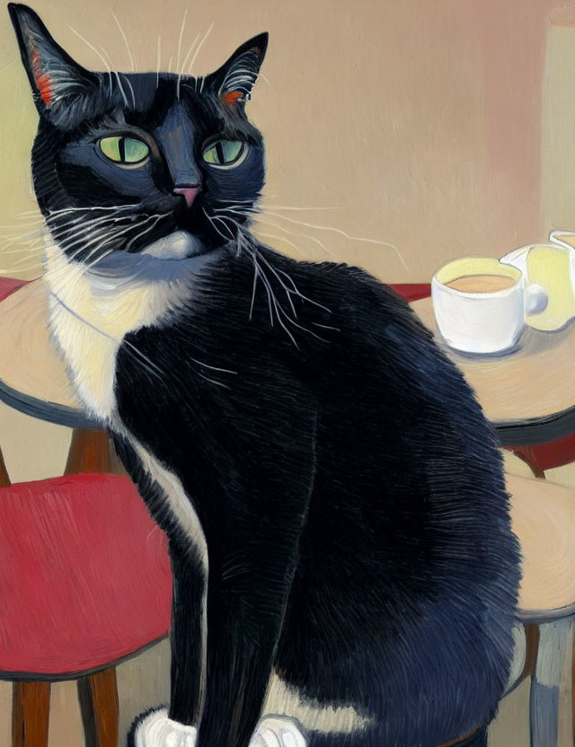 Black and white cat beside tea cup in warm color painting