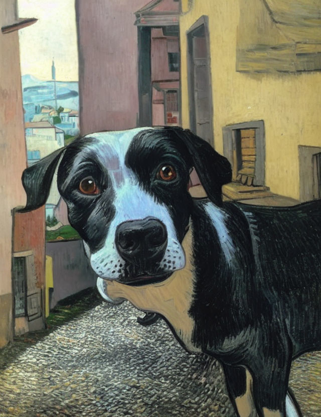 Black and White Dog with Expressive Eyes in European Alleyway Illustration