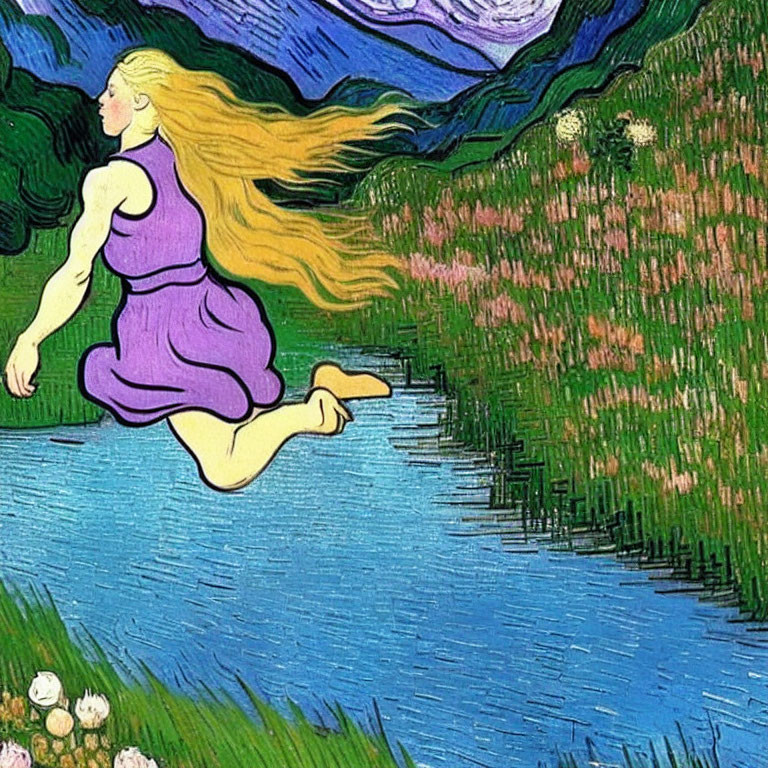 Blonde woman in purple dress floating above lush green landscape