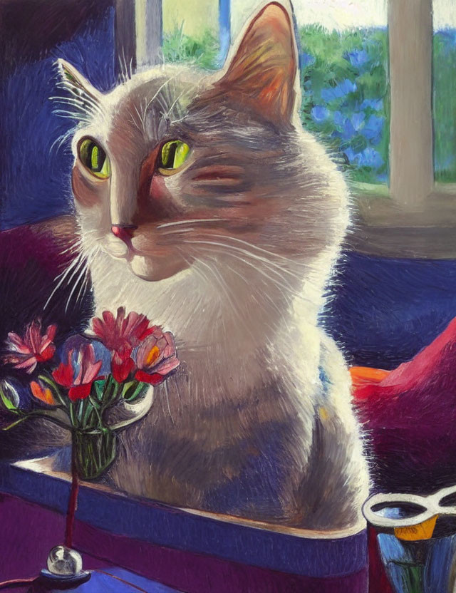 Serene cat portrait with green eyes by window and flowers