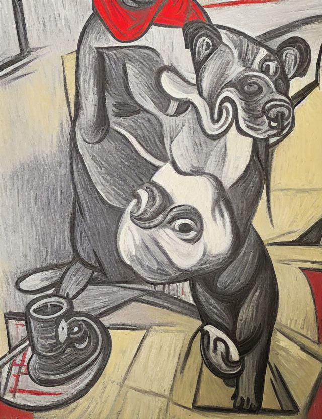 Stylized painting of panda in red scarf at cafe table with coffee