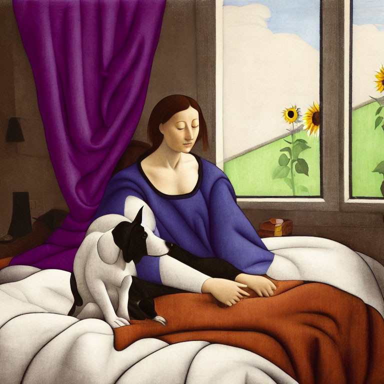 Woman in blue dress with sunflowers, petting dog by window