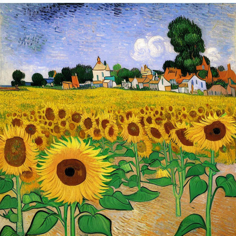 Colorful painting: sunflowers, houses with orange roofs, blue sky.