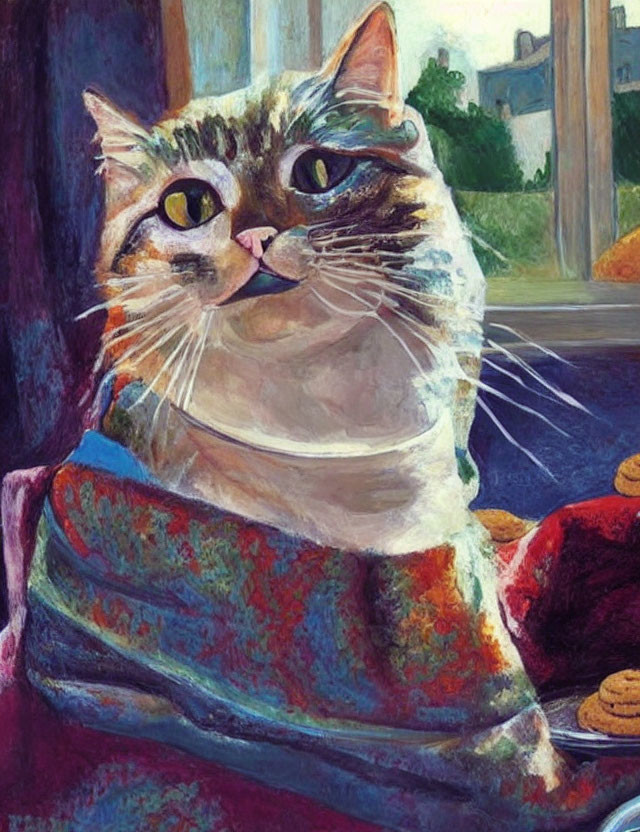 Cat painting with striking eyes beside cookies and sunlight streaming through window