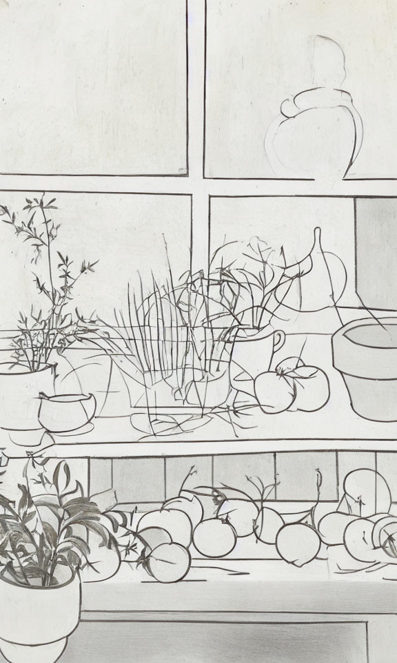 Kitchen window sketch with plants, fruits, potted plant, herbs, apples on shelf