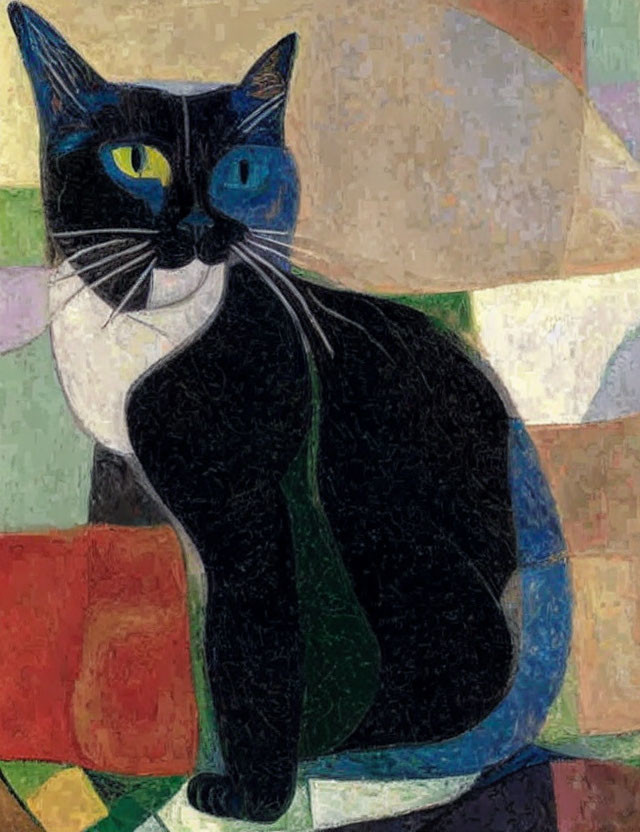 Cubist-style black and white cat with blue eyes in colorful abstract setting