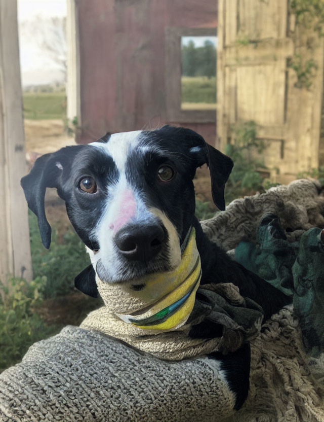 Black and white dog with colorful scarf on cozy blanket, rustic door and greenery in background