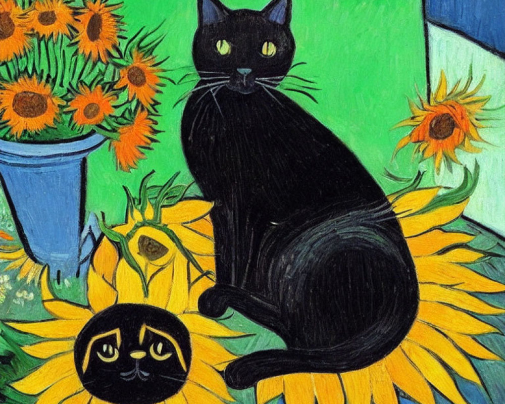 Stylized painting of black cat and kitten with sunflower bodies on green background