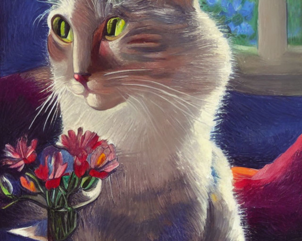 Serene cat portrait with green eyes by window and flowers