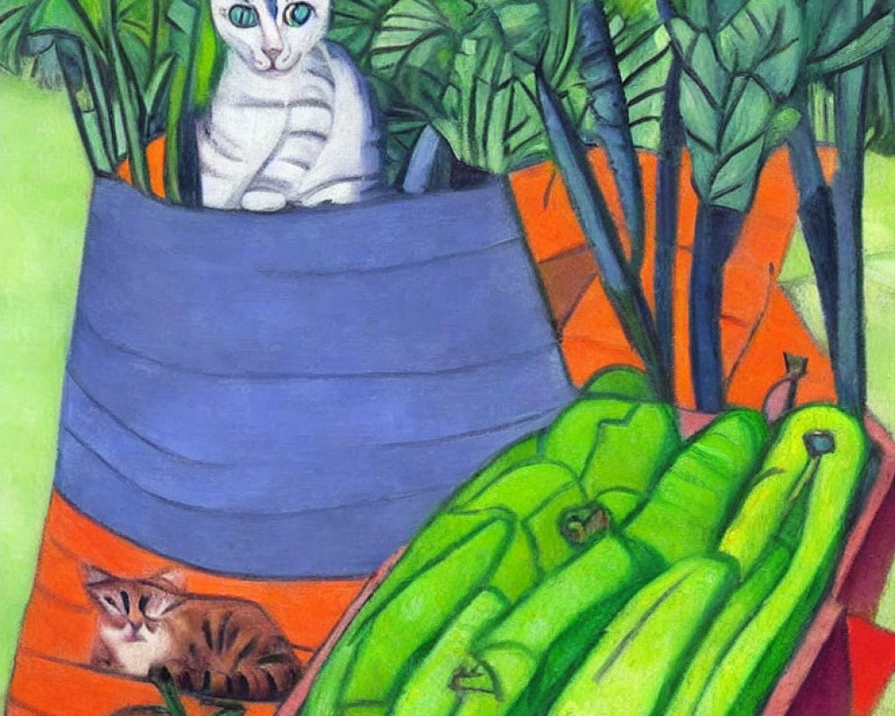 Two cats with potted plants and zucchinis in a painting