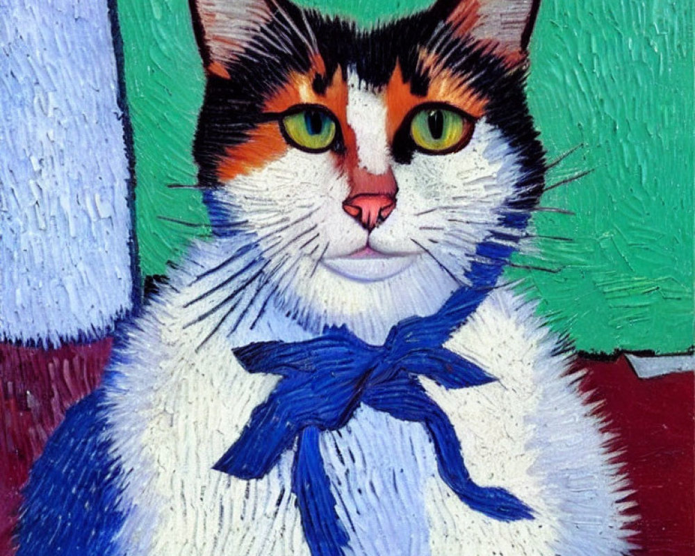 Colorful Cat Painting with Green Eyes and Blue Bow on Green and Red Background