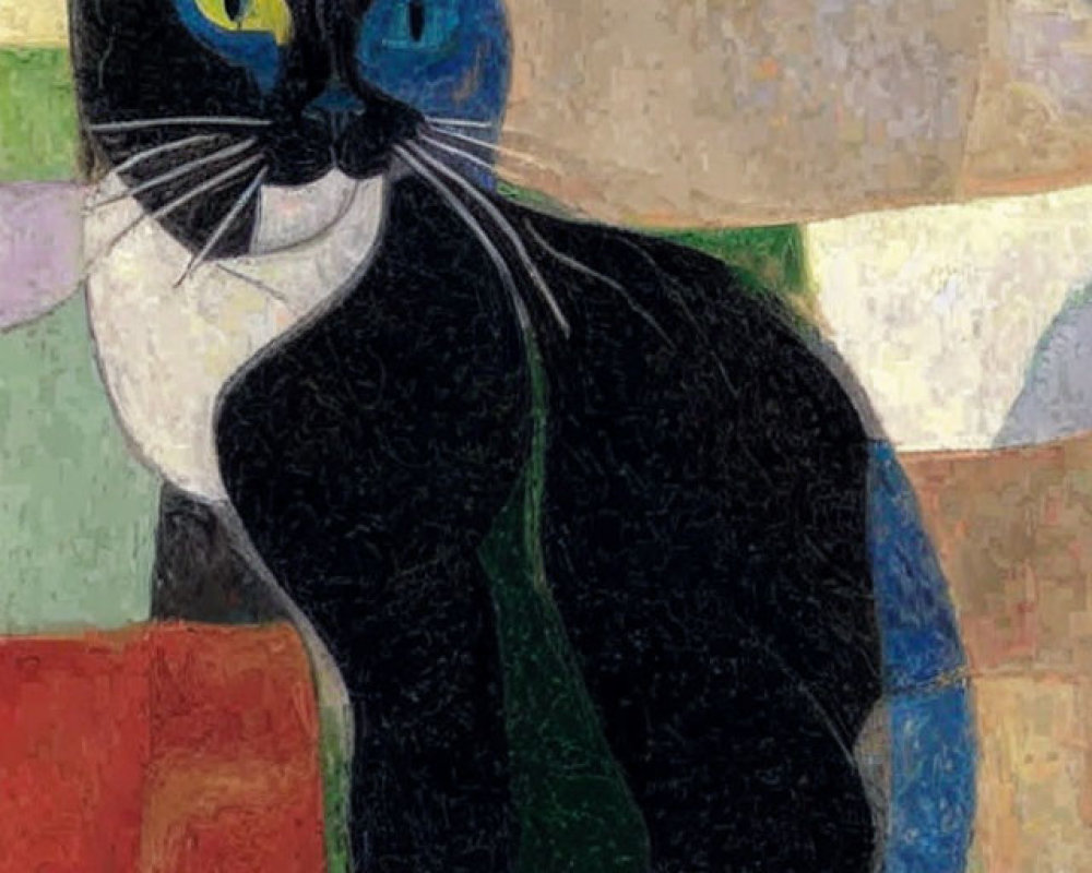 Cubist-style black and white cat with blue eyes in colorful abstract setting