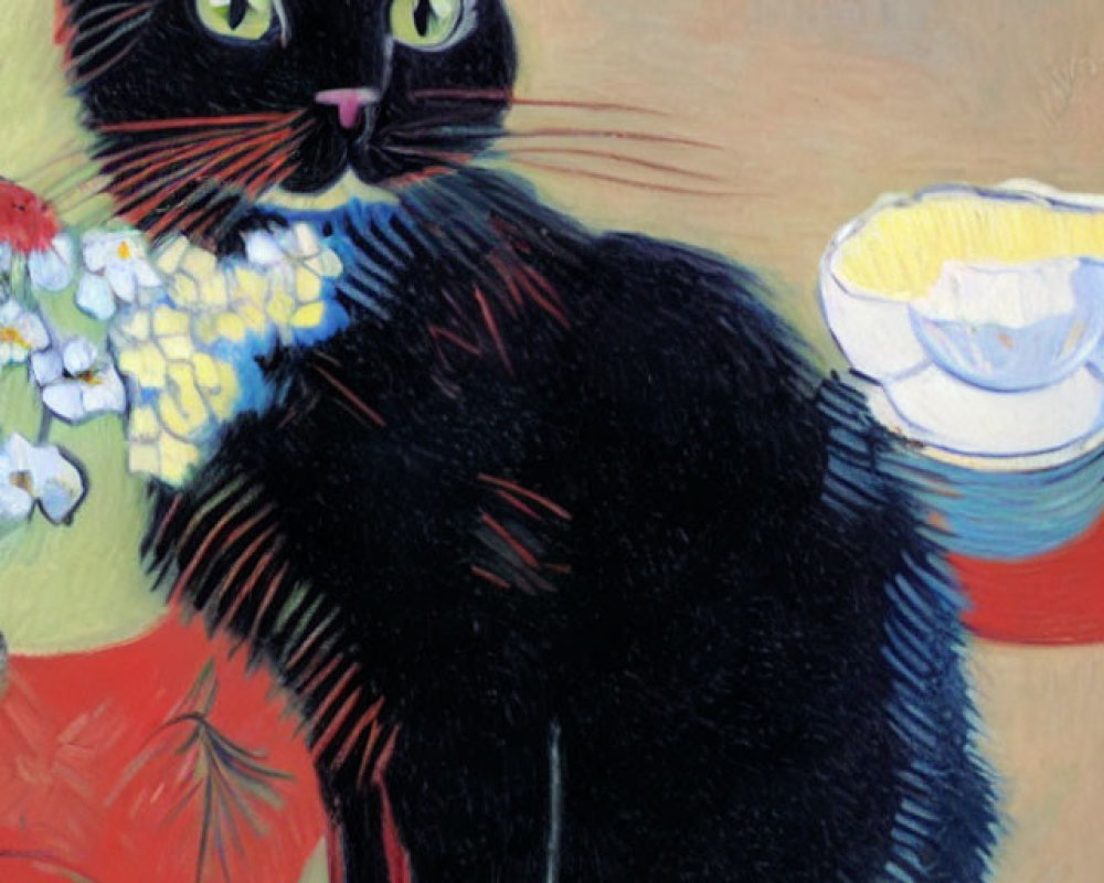 Black cat with green eyes and white flower collar beside yellow bowl.