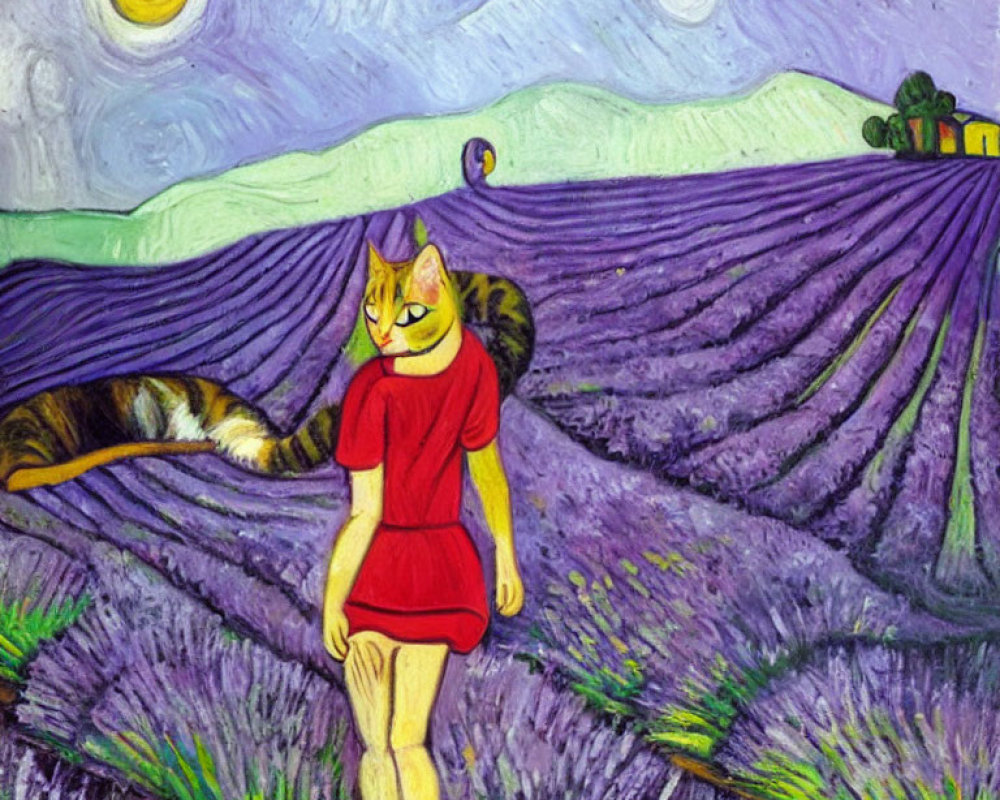 Person with Cat Head Walking in Lavender Field Under Moonlit Sky