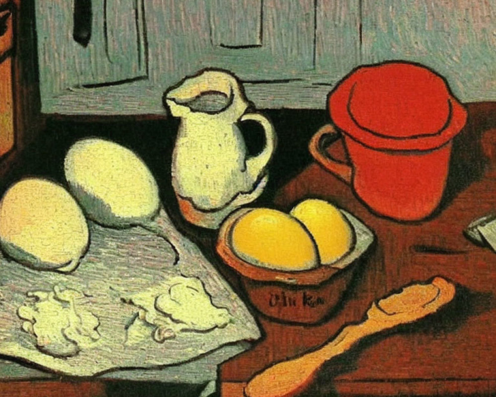 Vibrant still life painting with eggs, pitcher, cup, bowl, and spoon