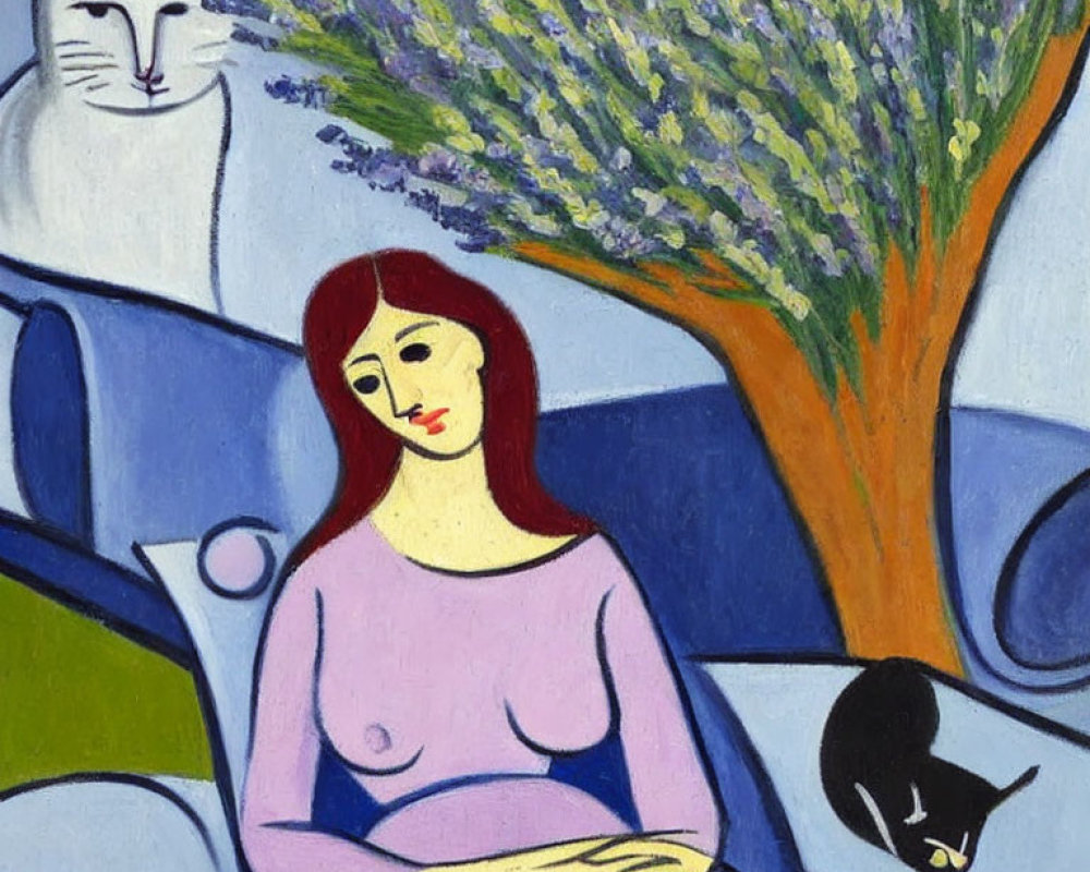 Woman in Purple Dress with Lavender Tree and Cats in Colorful Painting