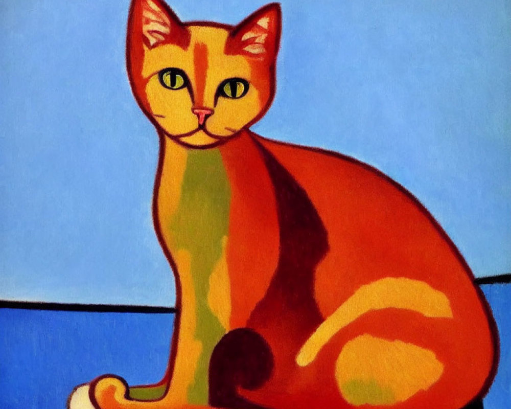 Stylized painting of orange cat on stool against bold blue background