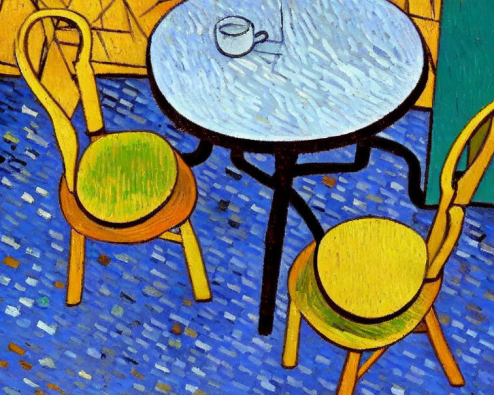 Colorful Impressionist Painting of Café Scene with Round Table and Chairs