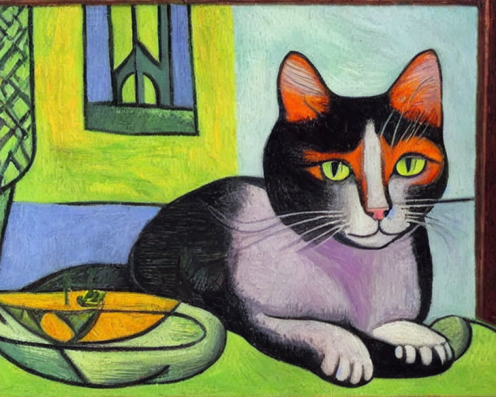 Black and White Cat Painting with Orange Spots and Bowl of Food