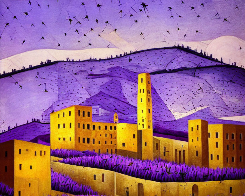 Colorful painting of town with yellow buildings and tower under purple sky.