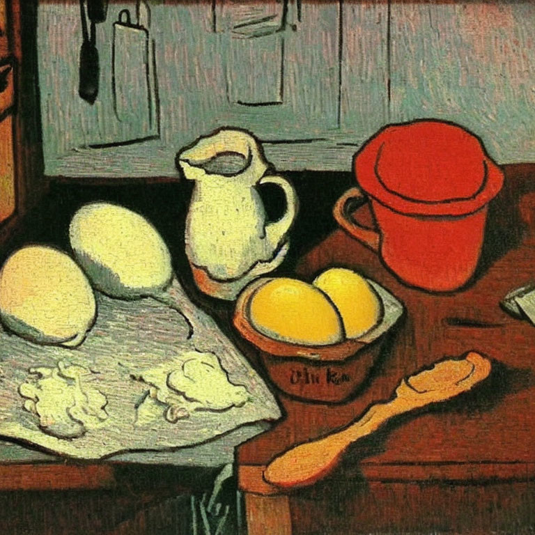 Vibrant still life painting with eggs, pitcher, cup, bowl, and spoon