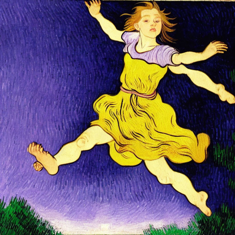 Vibrant artwork featuring girl in yellow dress with flowing hair