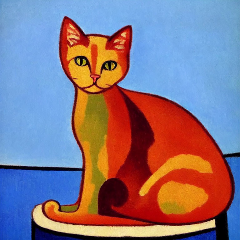 Stylized painting of orange cat on stool against bold blue background