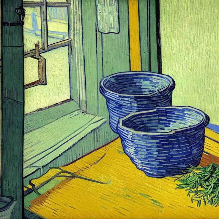 Blue bowls on yellow floor in van Gogh style with bird outside window