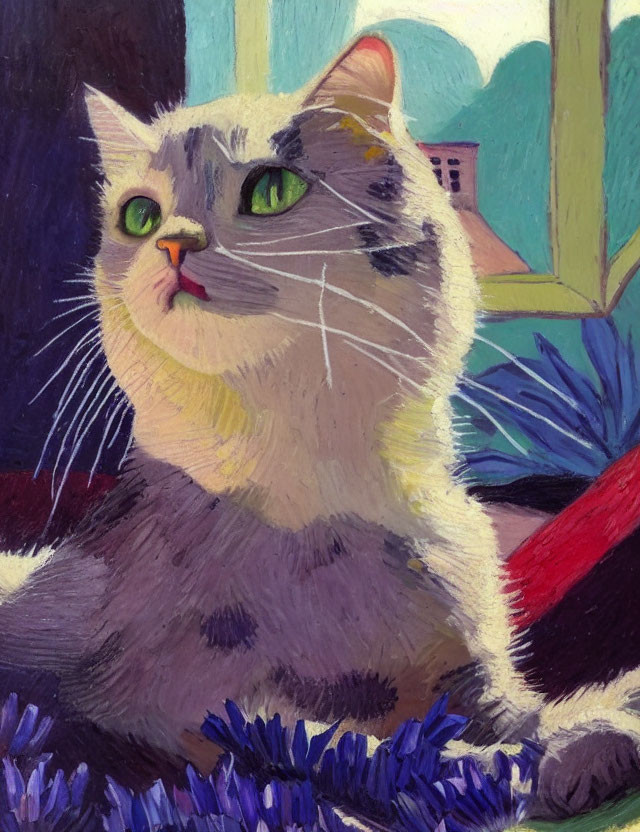 Gray and White Cat Painting with Green Eyes and Blue Flowers