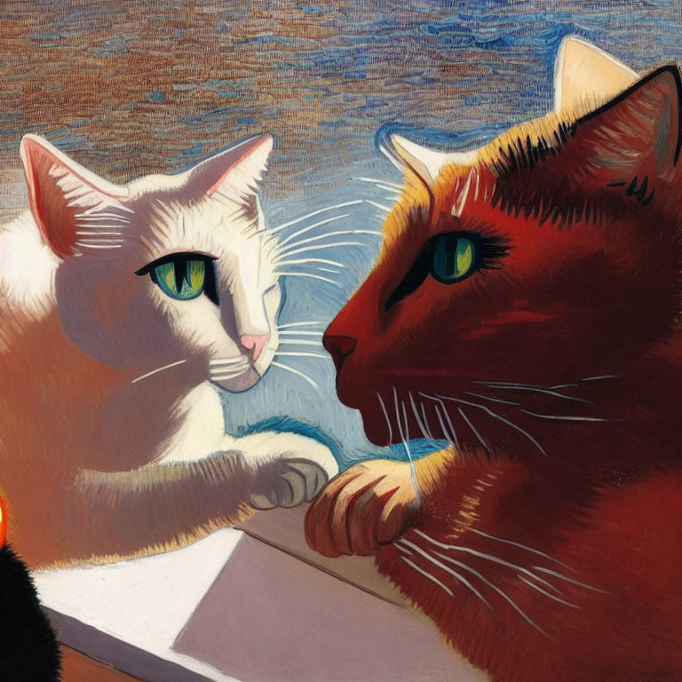 Illustrated white and orange cats with human-like expressions on painted background