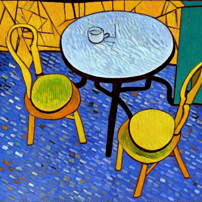 Colorful Impressionist Painting of Café Scene with Round Table and Chairs