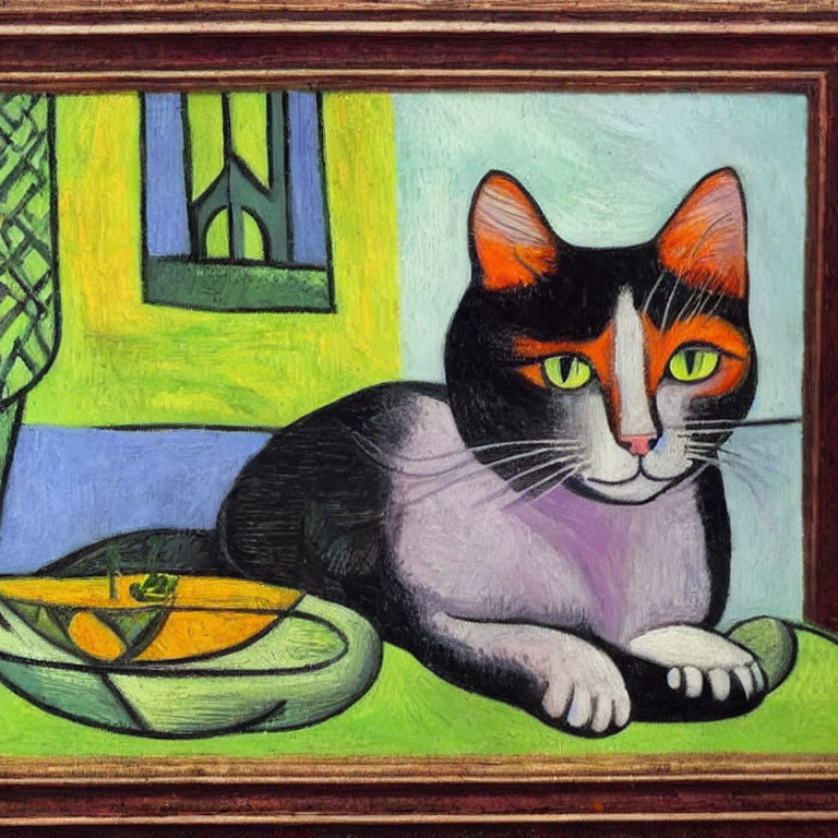 Black and White Cat Painting with Orange Spots and Bowl of Food