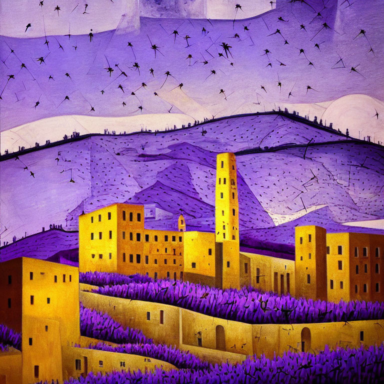 Colorful painting of town with yellow buildings and tower under purple sky.