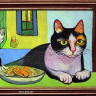 Black and White Cat Painting with Orange Spots and Bowl of Food