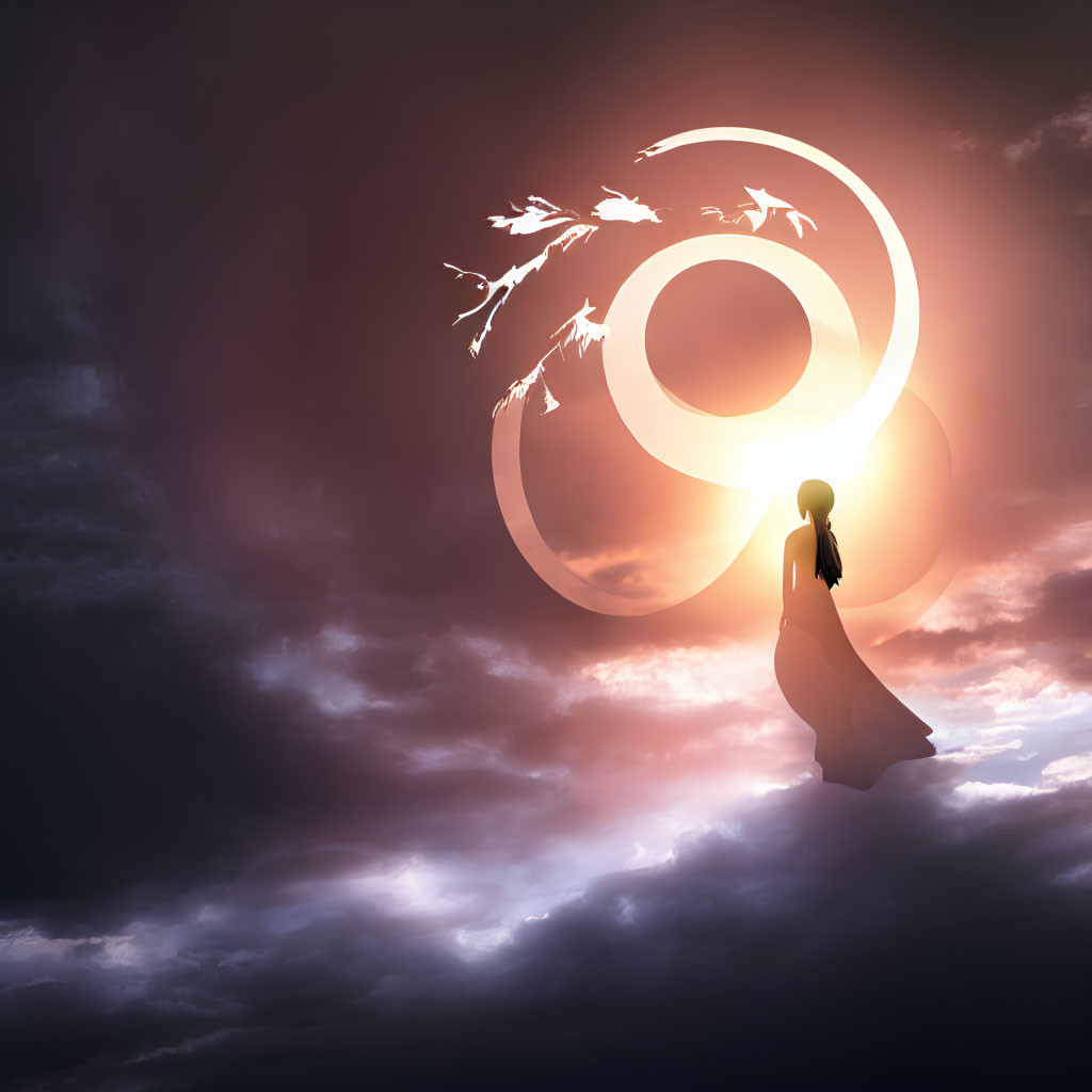 Silhouette of person under surreal sky with moon-like circles and flying birds