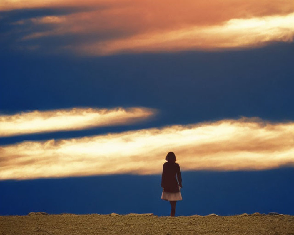 Solitary Figure on Vast Plain Under Dramatic Sunset Sky