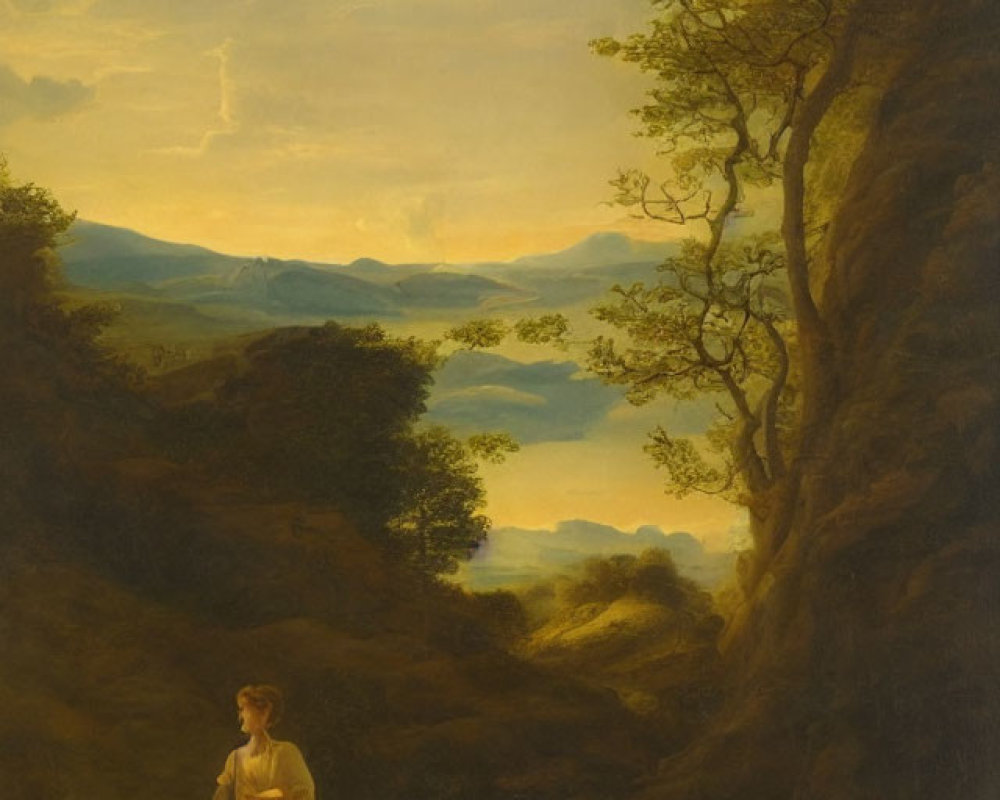 Tranquil landscape painting of person on mountain path at sunset