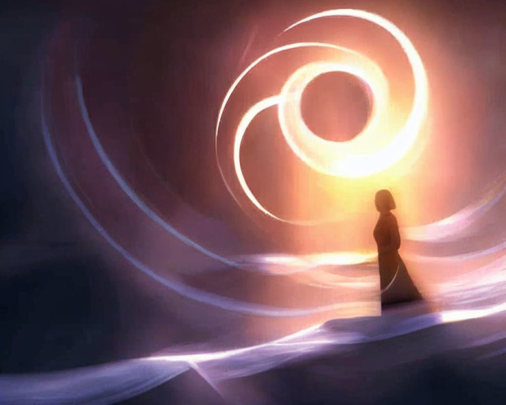 Silhouette in front of swirling light vortex on dreamlike landscape